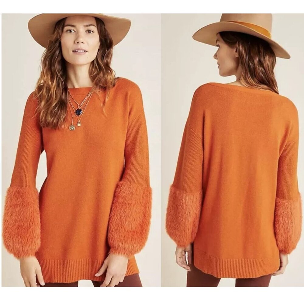 Anthropologie Colma Orange Boat Neck Faux Fur Sleeve Tunic Sweater 29997
